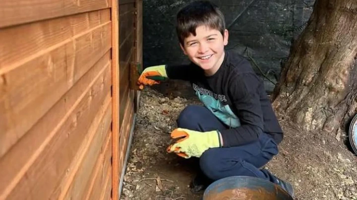 Family pamphlet/PA Real Life Harry is seen crouched down painting a wooden fence. A tub of brown paint is seen beside him as he is at the edge of a garden with a tree behind him.