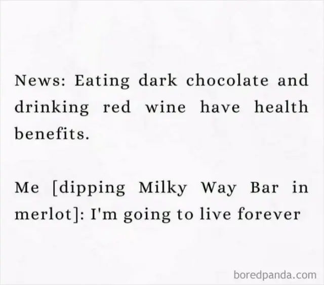 Science meme about health benefits of dark chocolate and red wine, with a humorous twist involving a Milky Way bar.