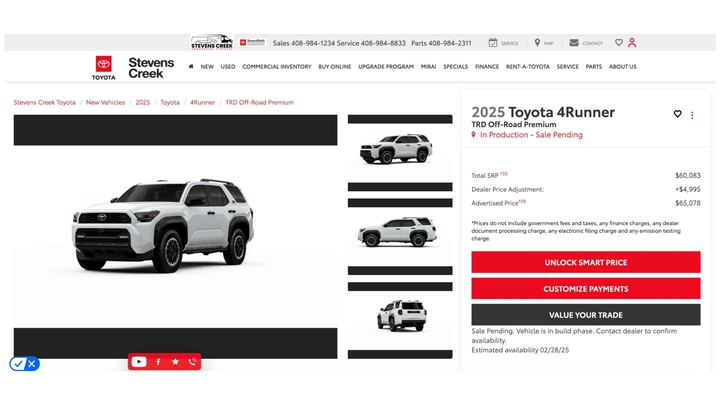 2025 Toyota Motor Corporation 4Runner dealership markups
