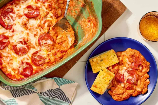 pizza beans in a green casserole