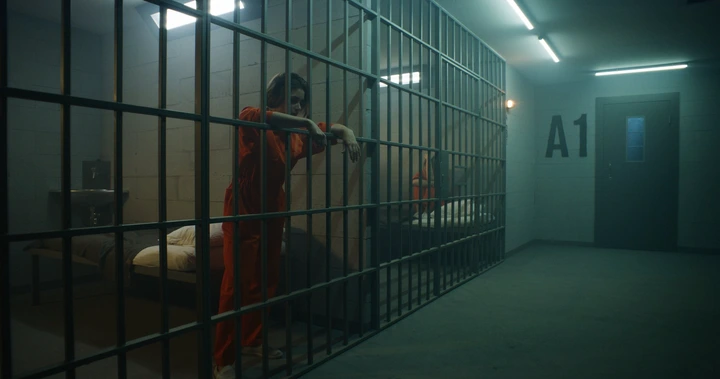 Person in an orange jumpsuit standing in a jail cell, leaning on bars, looking contemplative