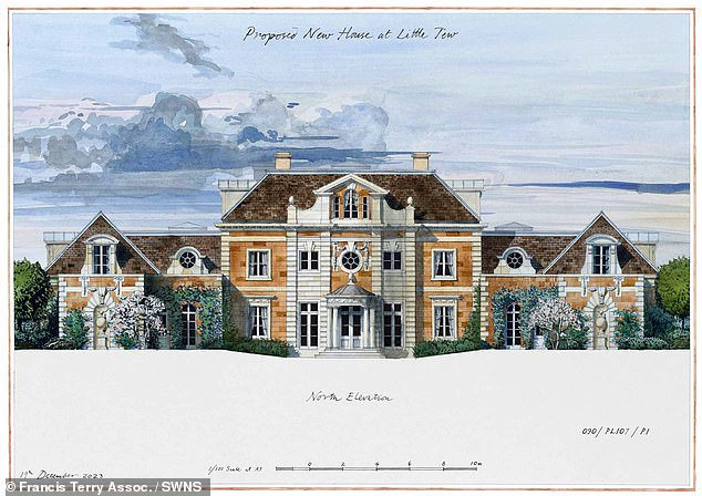 Architect Francis Terry's "new country house" features stables as well as a landscape garden, courtyard, solar panels, a new lake and a tree nursery alongside the house