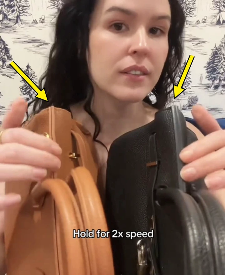 A person holds two handbags, one tan and one black, with text reading &quot;Hold for 2x speed.&quot;