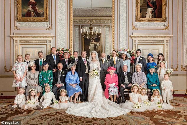 Lady Gabriella and Thomas Kingston posed for official wedding photographs, with the late Queen and Prince Philip seated to their right on this special occasion.