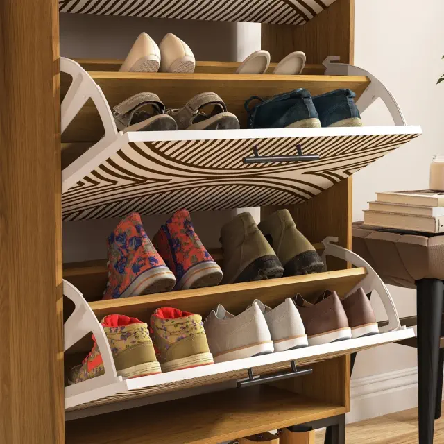 Shoe rack with compartments holding various casual and athletic shoes, arranged neatly in a home setting