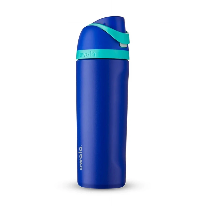 Blue Owala water bottle with a flip-top lid, designed for easy drinking and portability, featured in a shopping article