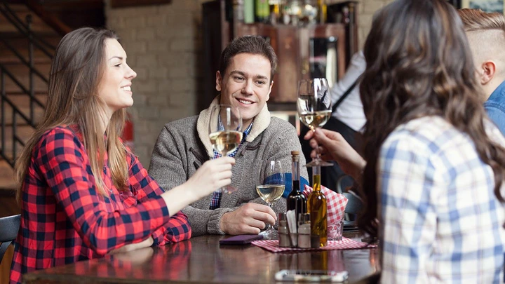 Friends toasting each other with wine, smiling, sitting in restaurant