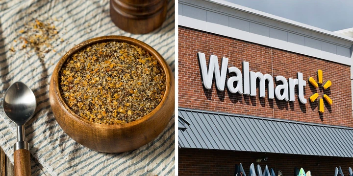 Two panel design with a bowl of gourmet seasoning in a nice bowl, next to an image of a Walmart