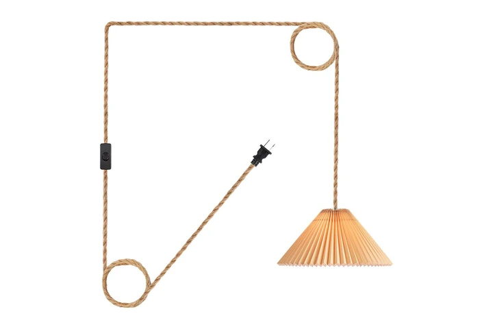Plug in Pendant Light,Hanging Light with15ft Hemp Rope Cord On/Off Switch and Pleated Lamp Shade
