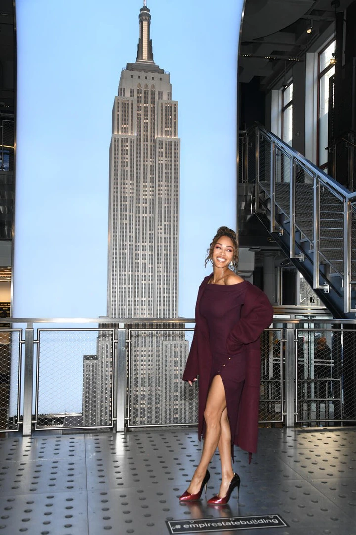 Meagan Good as Prime Video's "Harlem" cast visits the Empire State Building to celebrate the season 3 premiere at Empire State Building on January 14, 2025 in New York, New York.