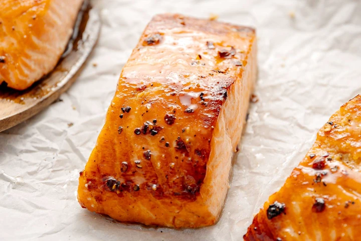 Plate of Salmon with Brown Sugar Glaze and a Side of Green Beans